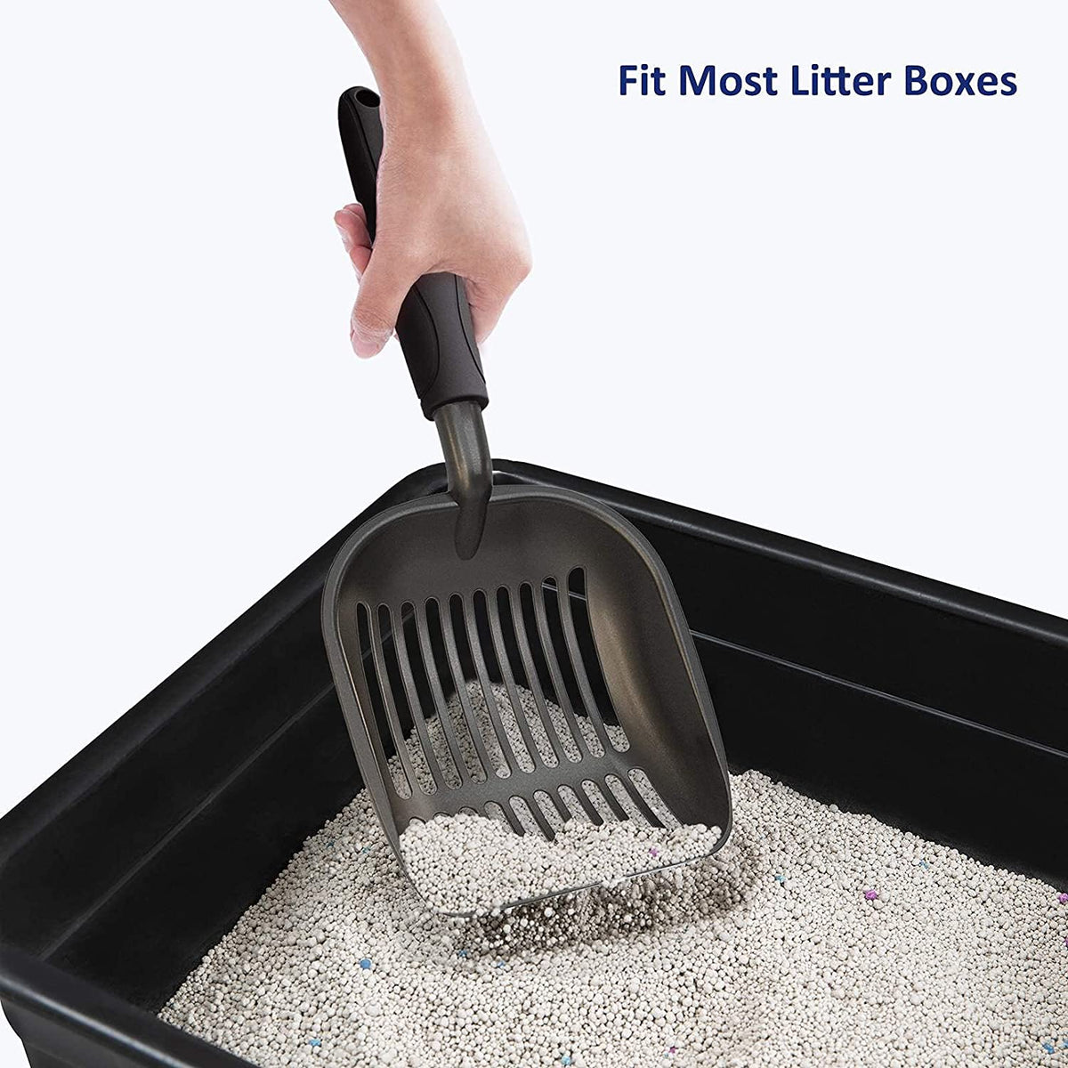 Wepet Cat Litter Scoop, Non-Stick Plated Aluminum Alloy Sifter, Kitty Durable Metal Scooper, Deep Shovel, Long Handle, Kitten Pooper Lifter, Size Large, Coated Black Body with Black Handle