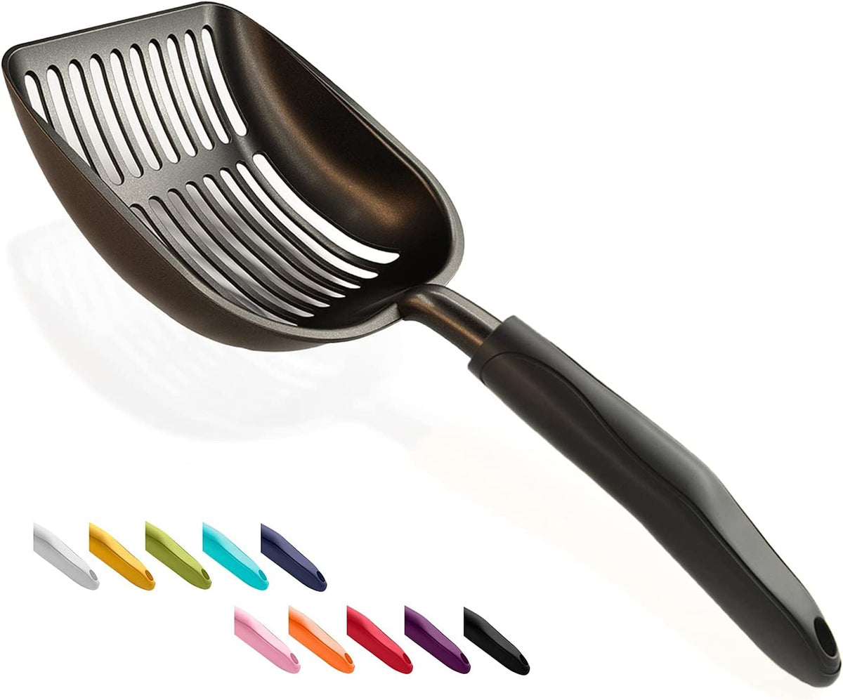 Wepet Cat Litter Scoop, Non-Stick Plated Aluminum Alloy Sifter, Kitty Durable Metal Scooper, Deep Shovel, Long Handle, Kitten Pooper Lifter, Size Large, Coated Black Body with Black Handle