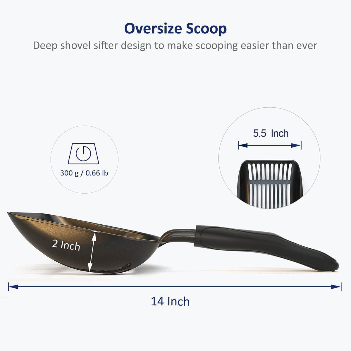 Wepet Cat Litter Scoop, Non-Stick Plated Aluminum Alloy Sifter, Kitty Durable Metal Scooper, Deep Shovel, Long Handle, Kitten Pooper Lifter, Size Large, Coated Black Body with Black Handle