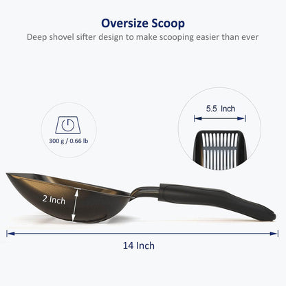 Wepet Cat Litter Scoop, Non-Stick Plated Aluminum Alloy Sifter, Kitty Durable Metal Scooper, Deep Shovel, Long Handle, Kitten Pooper Lifter, Size Large, Coated Black Body with Black Handle